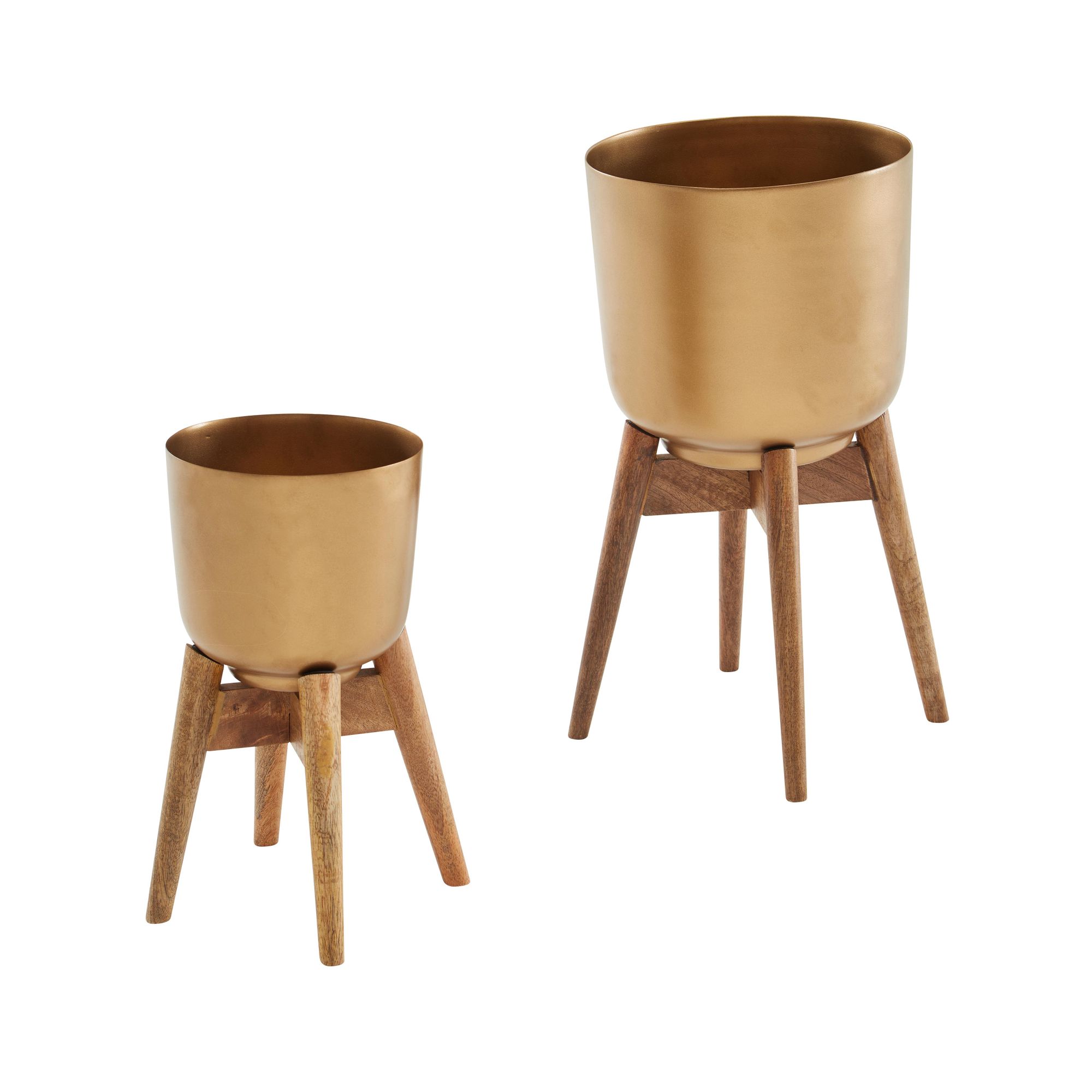 Set 2 pots de fleurs en métal doré & bois massif | Design rond | Dimensions variées Set 2 pots de fleurs en métal doré & bois massif | Design rond | Dimensions variées