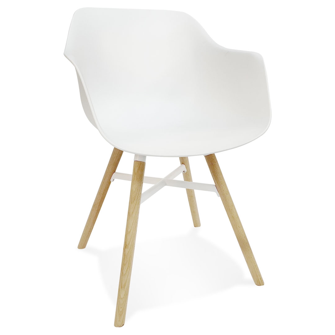 Chaise 'MELIS' blanche avec accoudoirs | Plastique et pieds en bois naturel, 81x57x56,5 cm