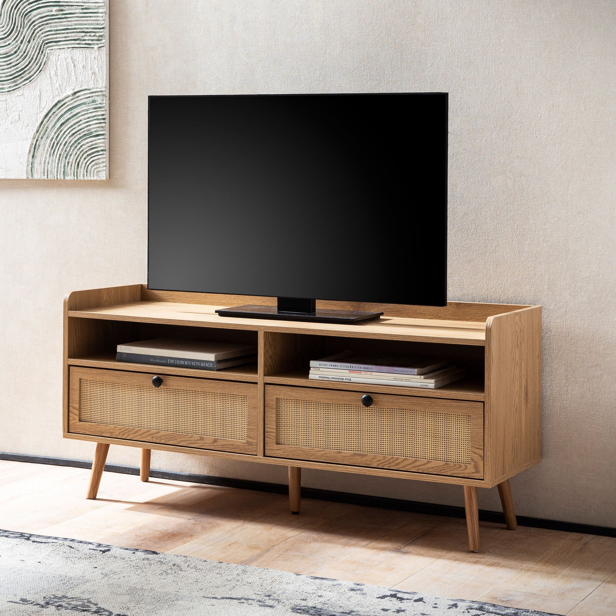 Lowboard 120x56x39 cm en décor chêne et rotin | Meuble TV marron avec poignées noires