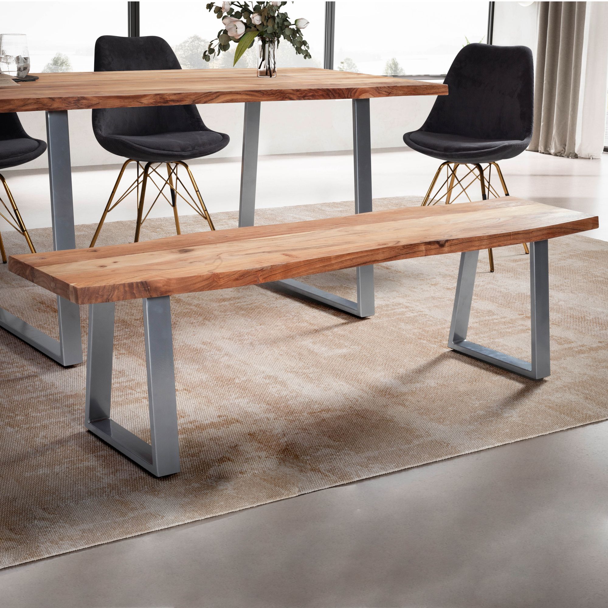 Banc de salle à manger 180x40x45,5 cm | Bois massif d'acacia | Métal chromé | Design avec chant naturel Banc de salle à manger 180x40x45,5 cm | Bois massif d'acacia | Métal chromé | Design avec chant naturel