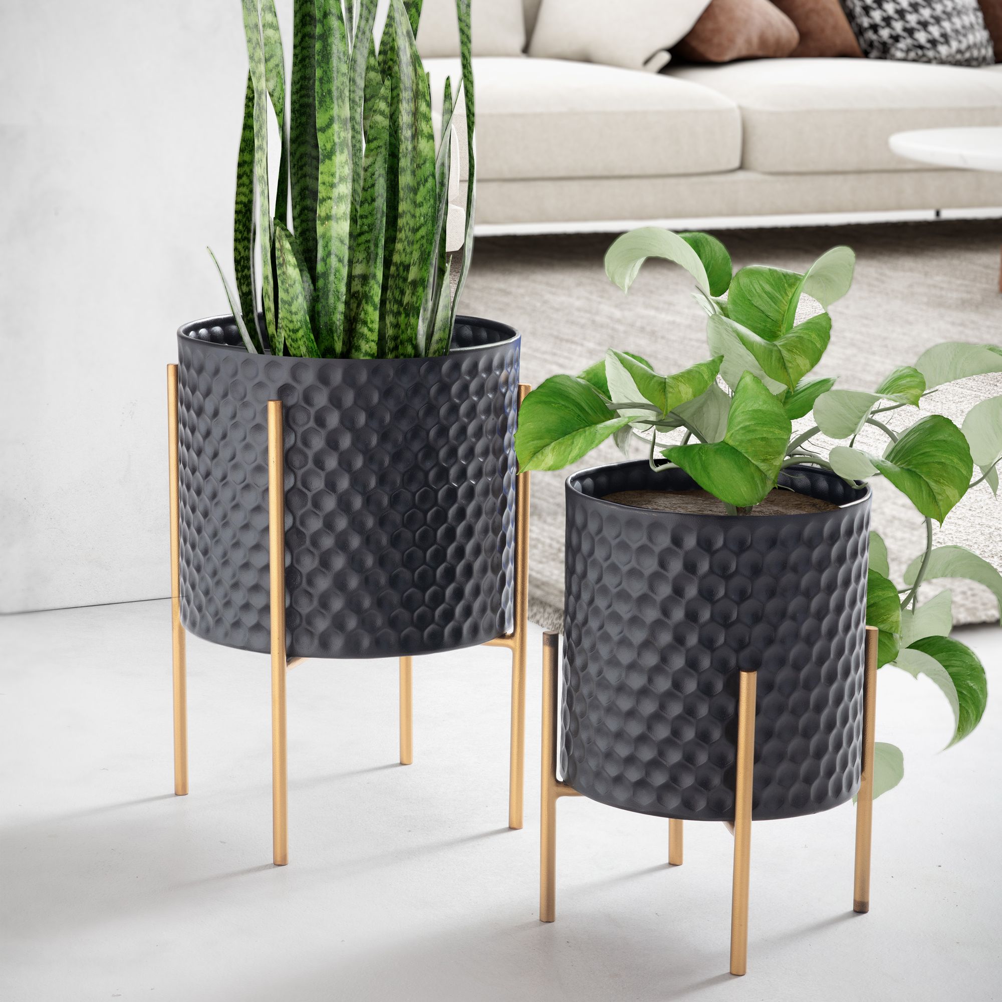 Set 2 Pots à Fleurs Métal Noir/Or avec Pieds | Motif Nid d'Abeille 3D | Rond Set 2 Pots à Fleurs Métal Noir/Or avec Pieds | Motif Nid d'Abeille 3D | Rond