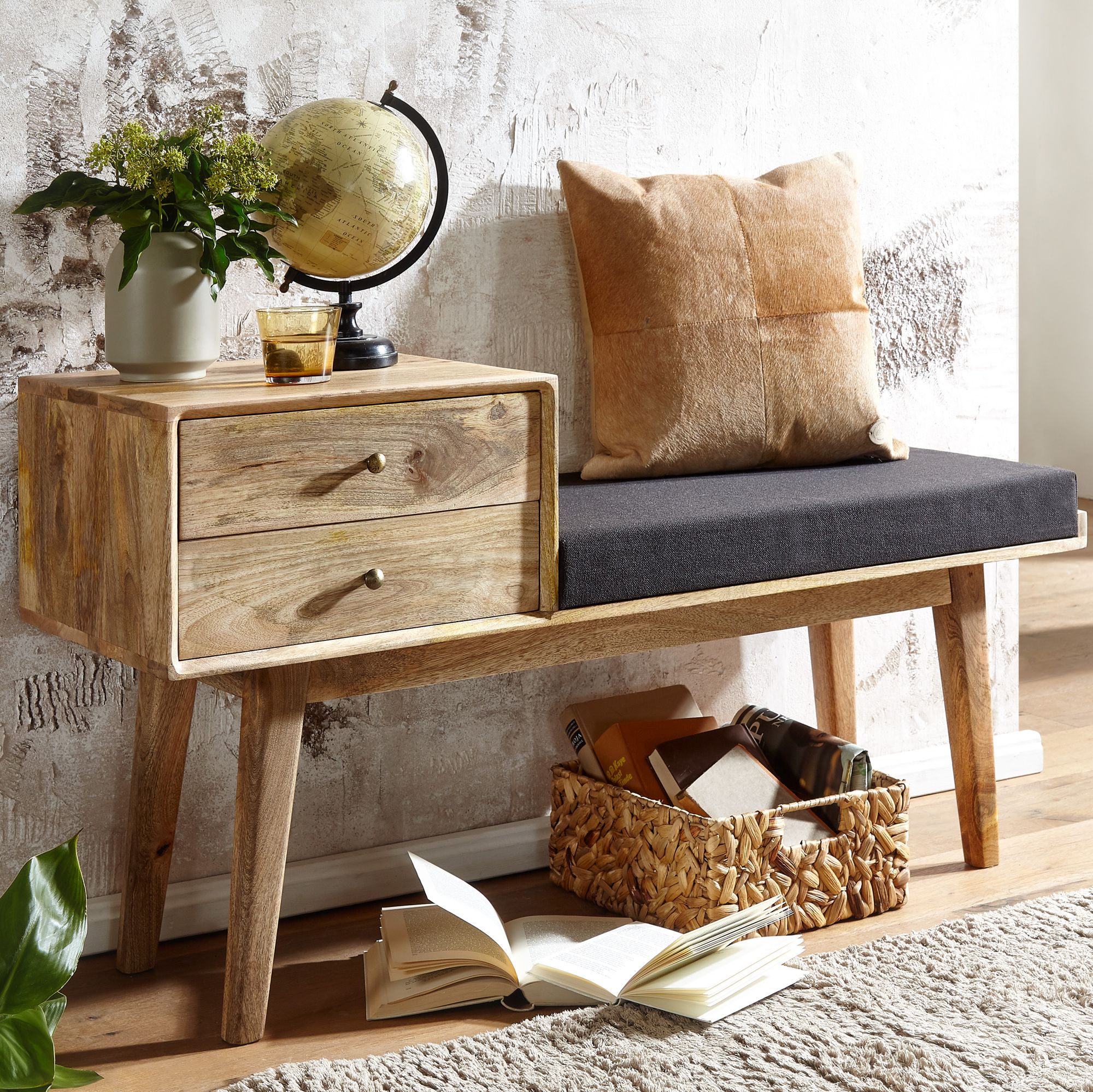 Banc en tissu noir et bois massif | 120x65x40 cm | Style rétro avec rangement Banc en tissu noir et bois massif | 120x65x40 cm | Style rétro avec rangement