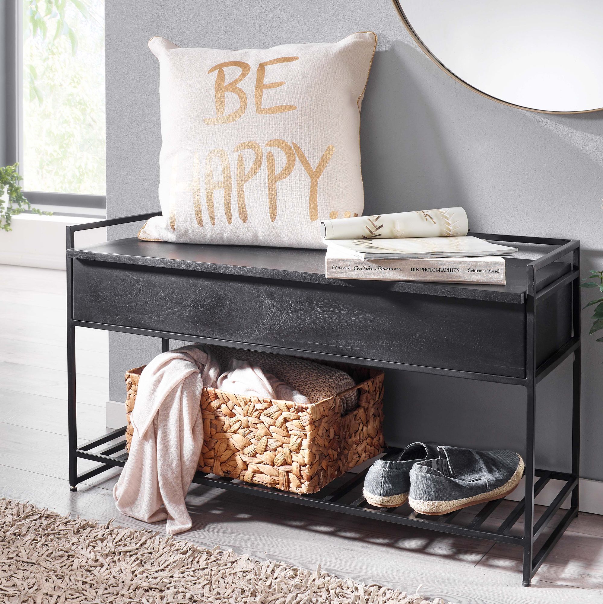 Banc de rangement en bois massif de manguier peint noir et métal | Noir | 90x52x38 cm Banc de rangement en bois massif de manguier peint noir et métal | Noir | 90x52x38 cm