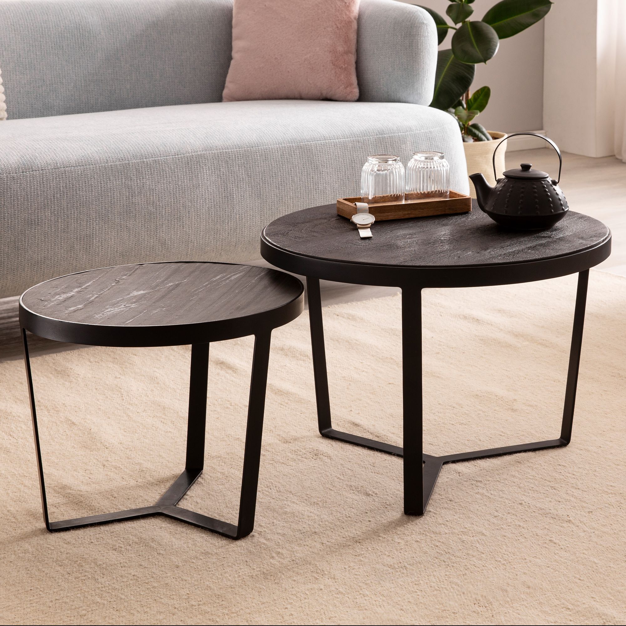 2-Delige Salontafelset Massief Acaciahout Zwart / Steenlook Antraciet | 60x60x40 cm & 44x44x35 cm