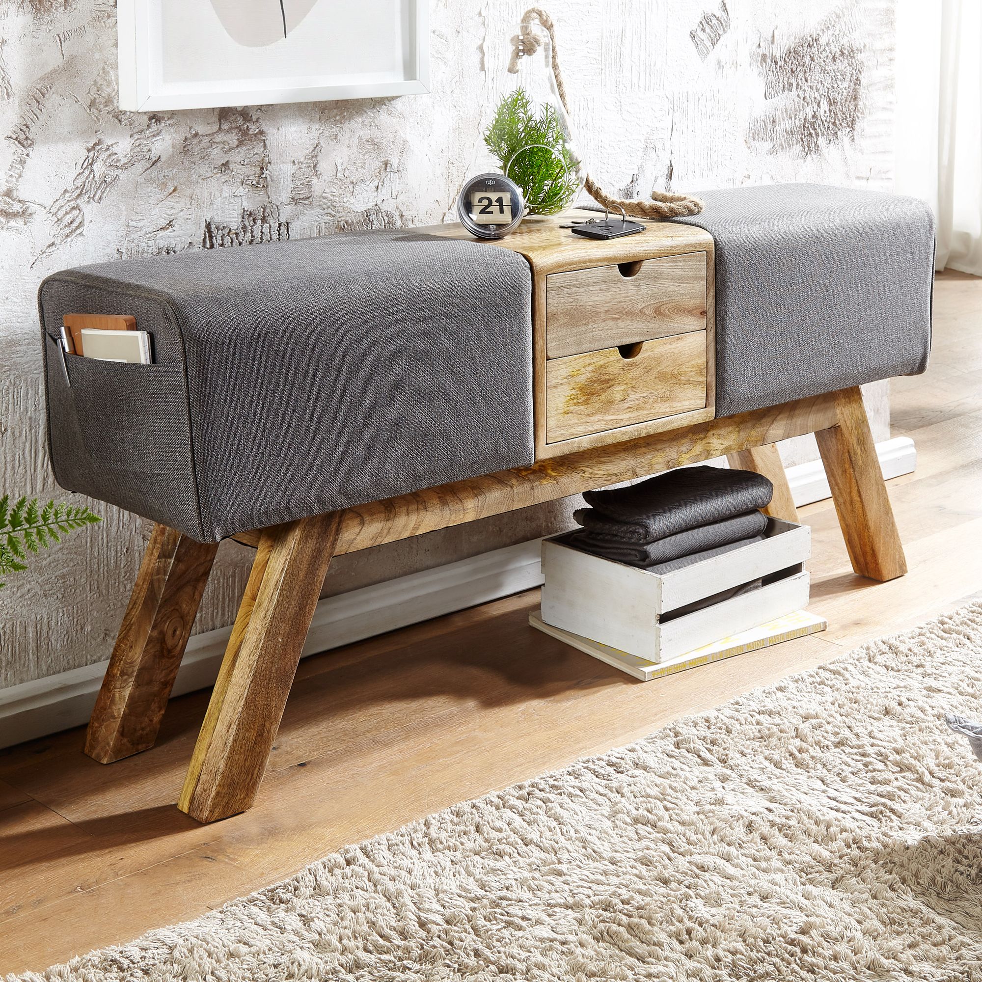 Banc Design Tour de Gym en Tissu Gris / Bois Massif 120 x 56 x 30 cm | Avec Tiroirs Banc Design Tour de Gym en Tissu Gris / Bois Massif 120 x 56 x 30 cm | Avec Tiroirs