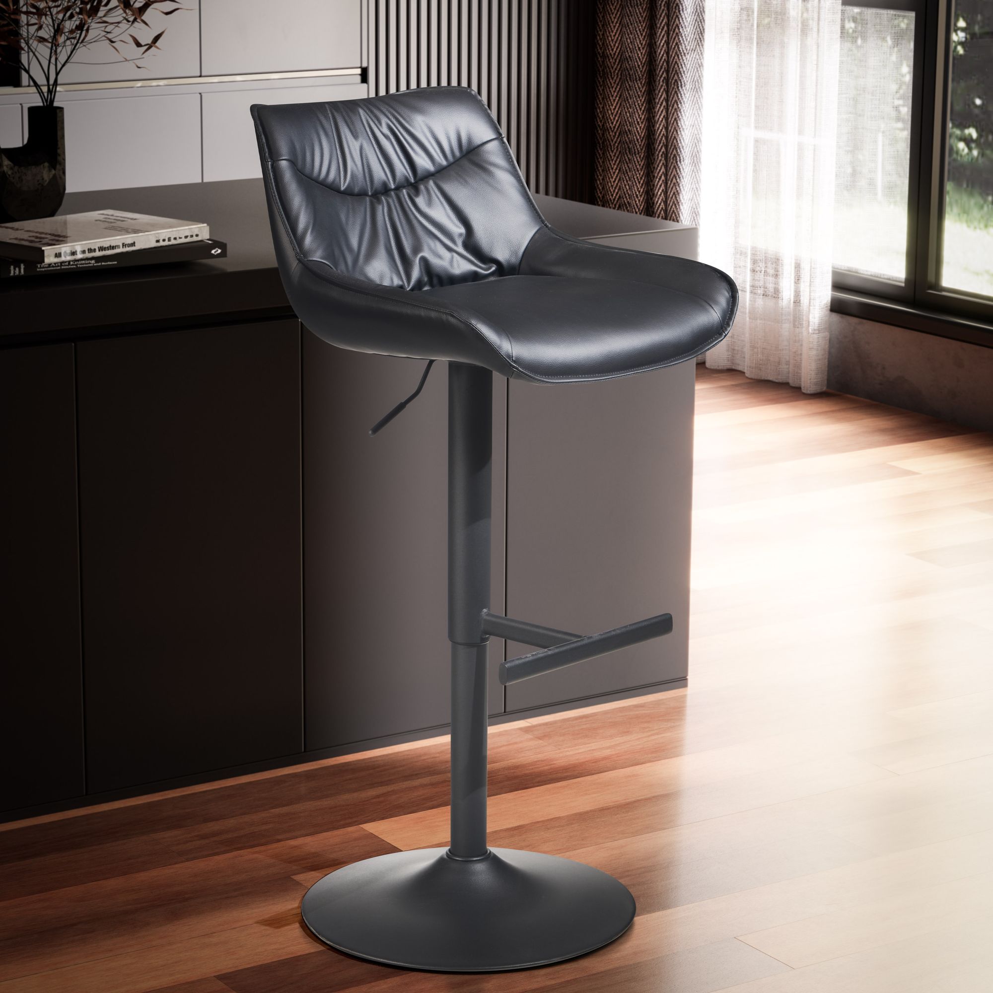 Barhocker Cuir Synthétique Noir | Hocker avec dossier | Hauteur réglable 86 - 106 cm