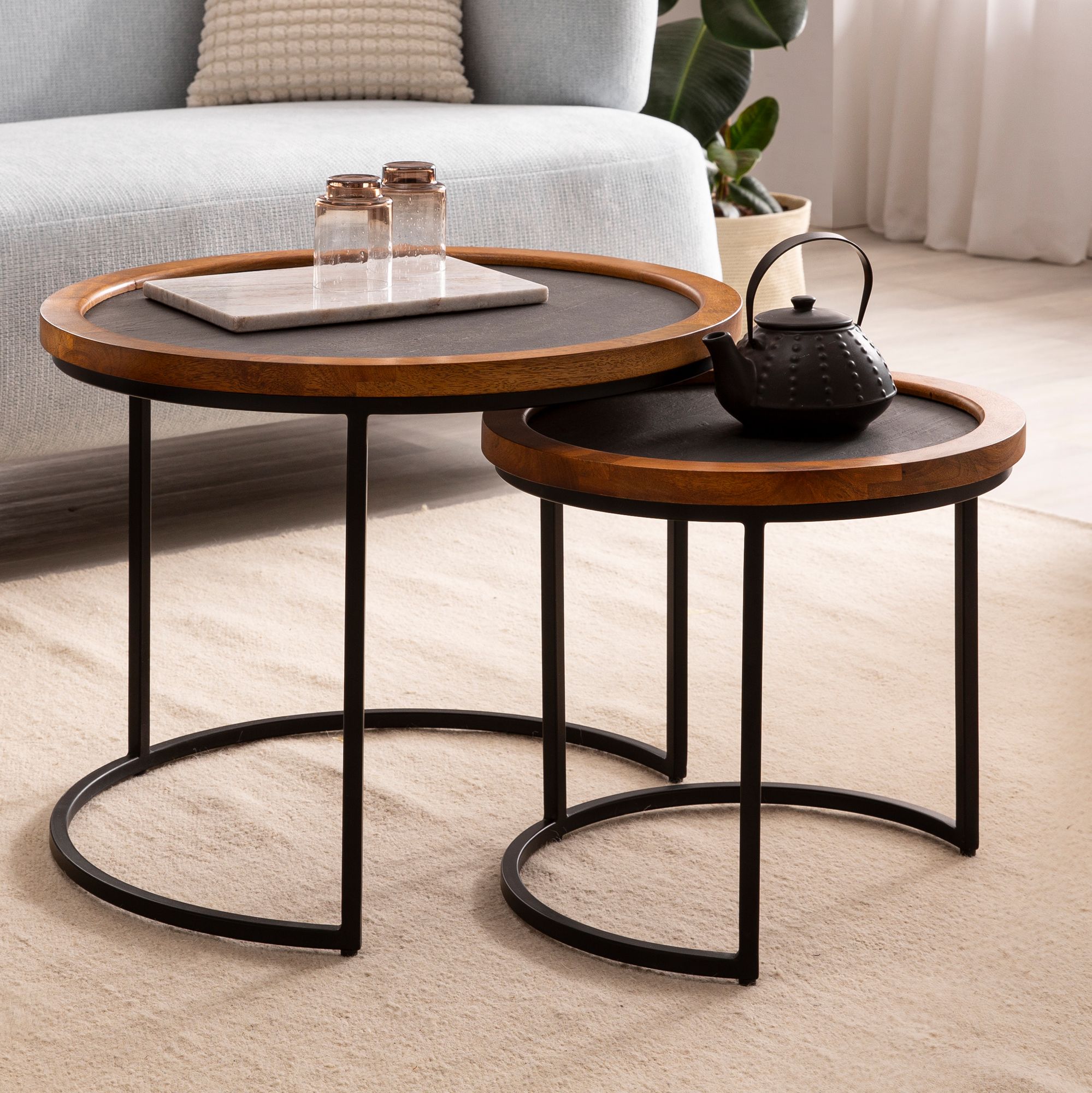 2-delige Salontafel Set Massief Mangohout / Steenlook | Bruin / Antraciet | Groot 60x60x46 cm & Klein 44x44x40 cm