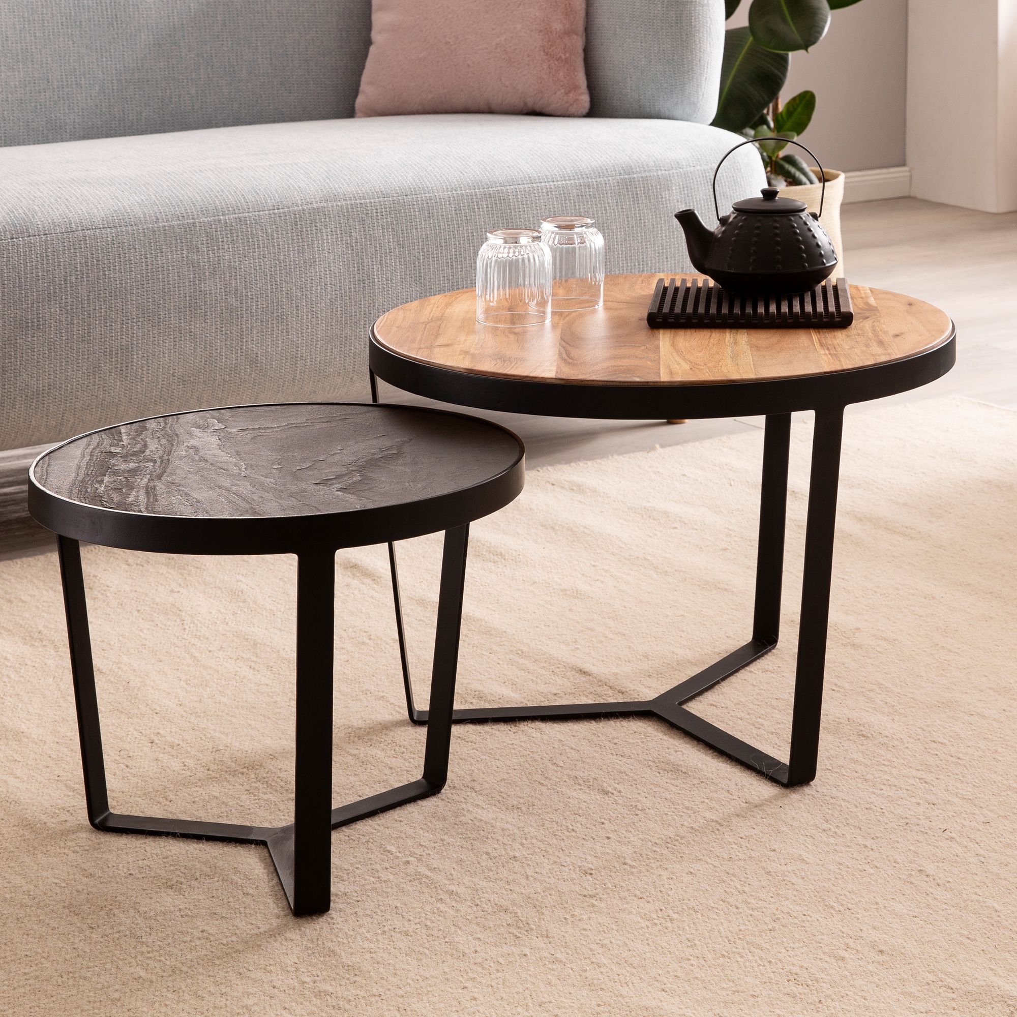 2-Delige Salontafelset Massief Acaciahout / Steenlook Bruin & Antraciet | 60x60x40 cm & 44x44x35 cm