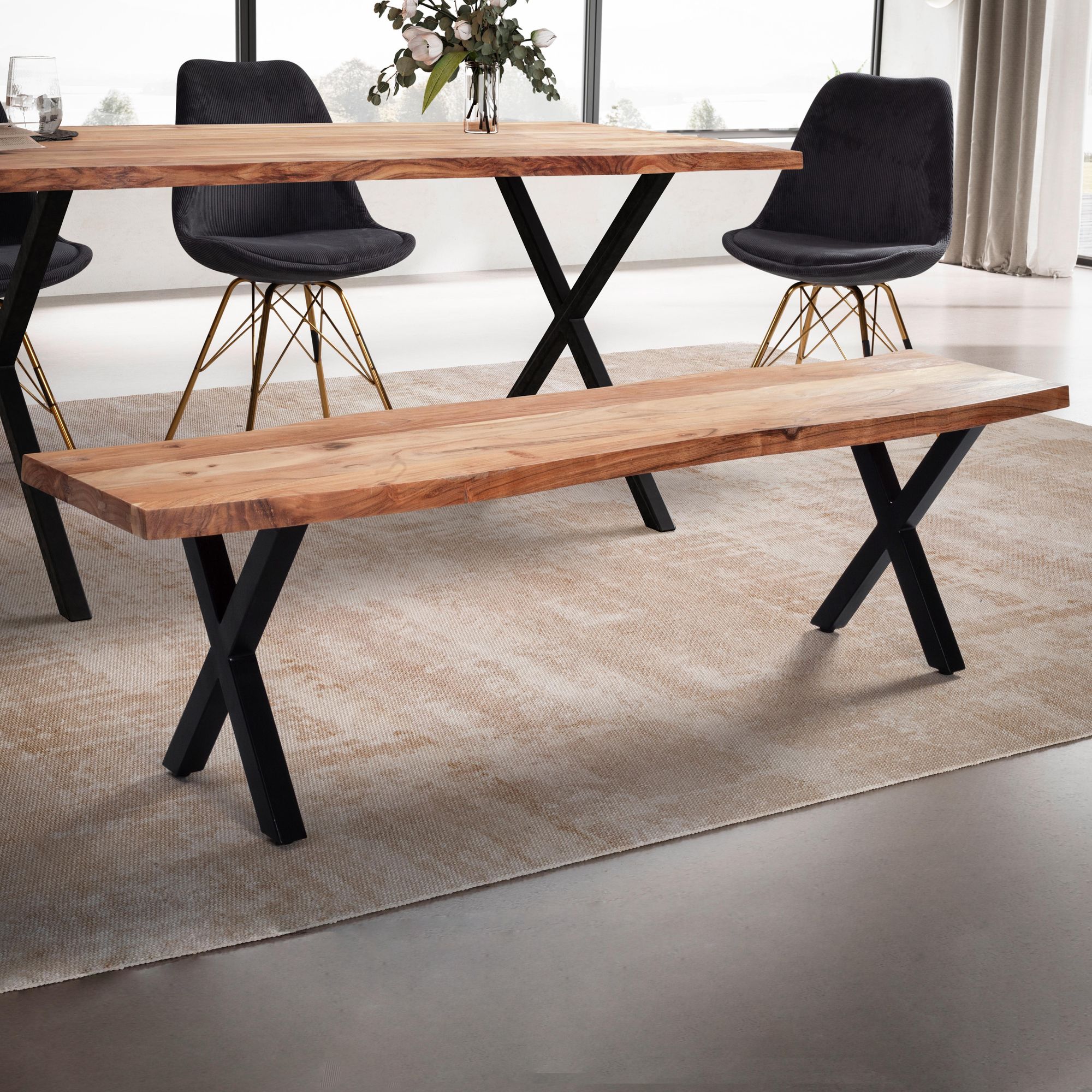 Banc de salle à manger 120x40x45,5 cm | Bois massif d'acacia | Métal noir | Design avec chant naturel et pieds en X Banc de salle à manger 120x40x45,5 cm | Bois massif d'acacia | Métal noir | Design avec chant naturel et pieds en X