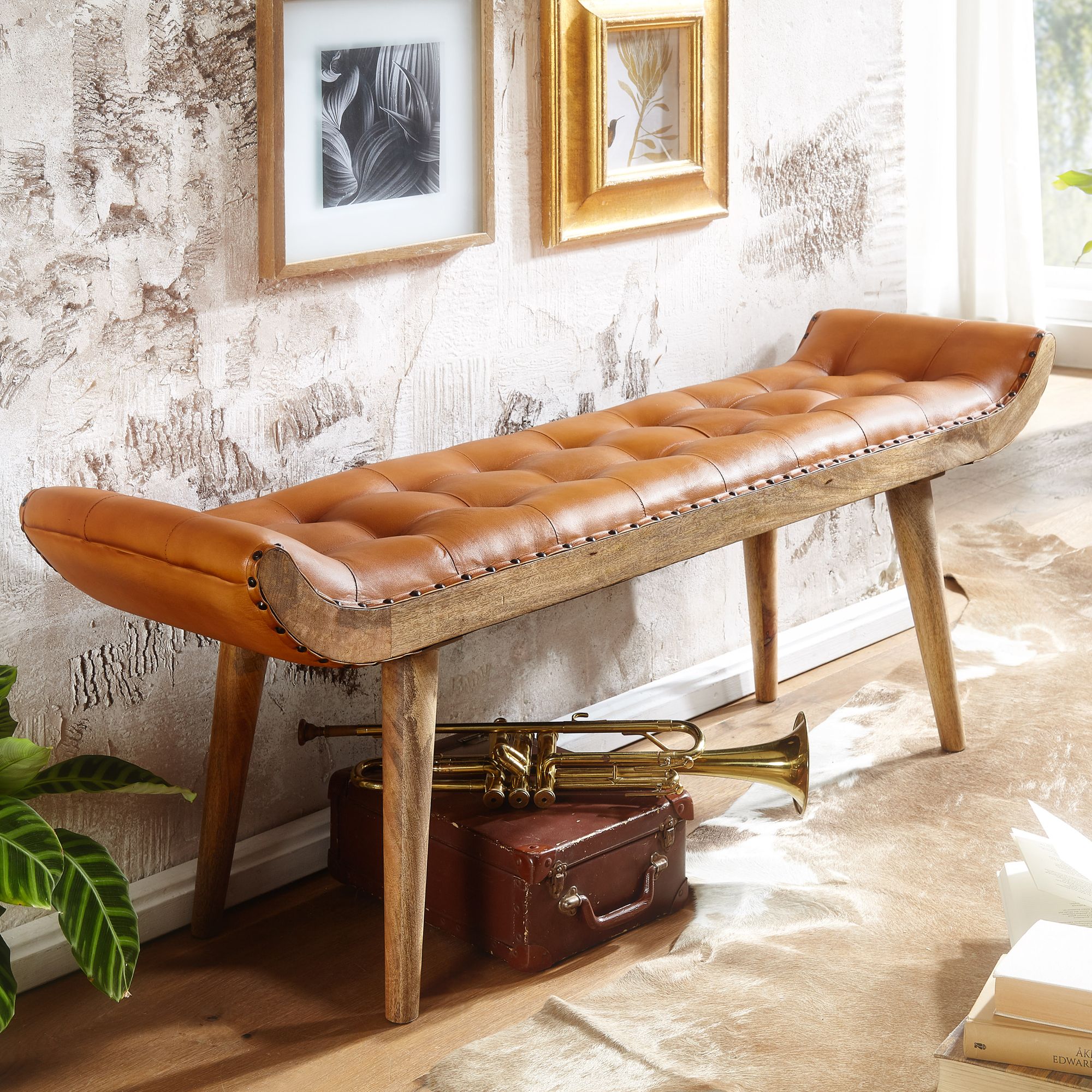 Banc en Cuir Véritable / Bois Massif Marron | 125 x 50 x 38 cm | Chesterfield Design Banc en Cuir Véritable / Bois Massif Marron | 125 x 50 x 38 cm | Chesterfield Design