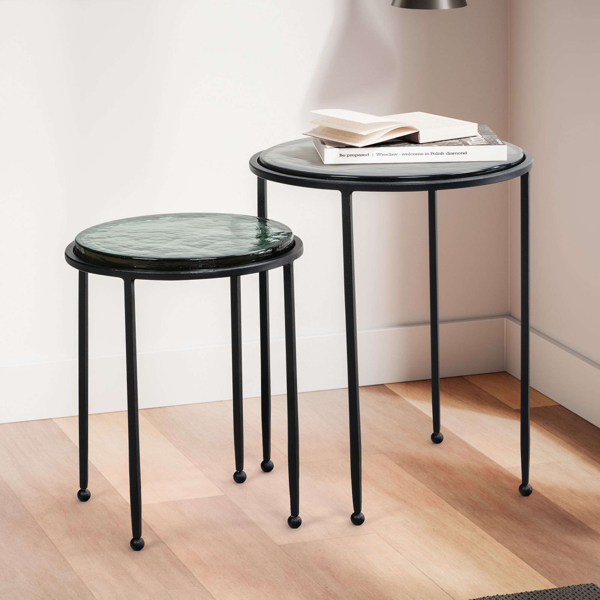 2-delige Bijzettafel Set Glas en Metaal | Groen & Zwart | Diverse Afmetingen