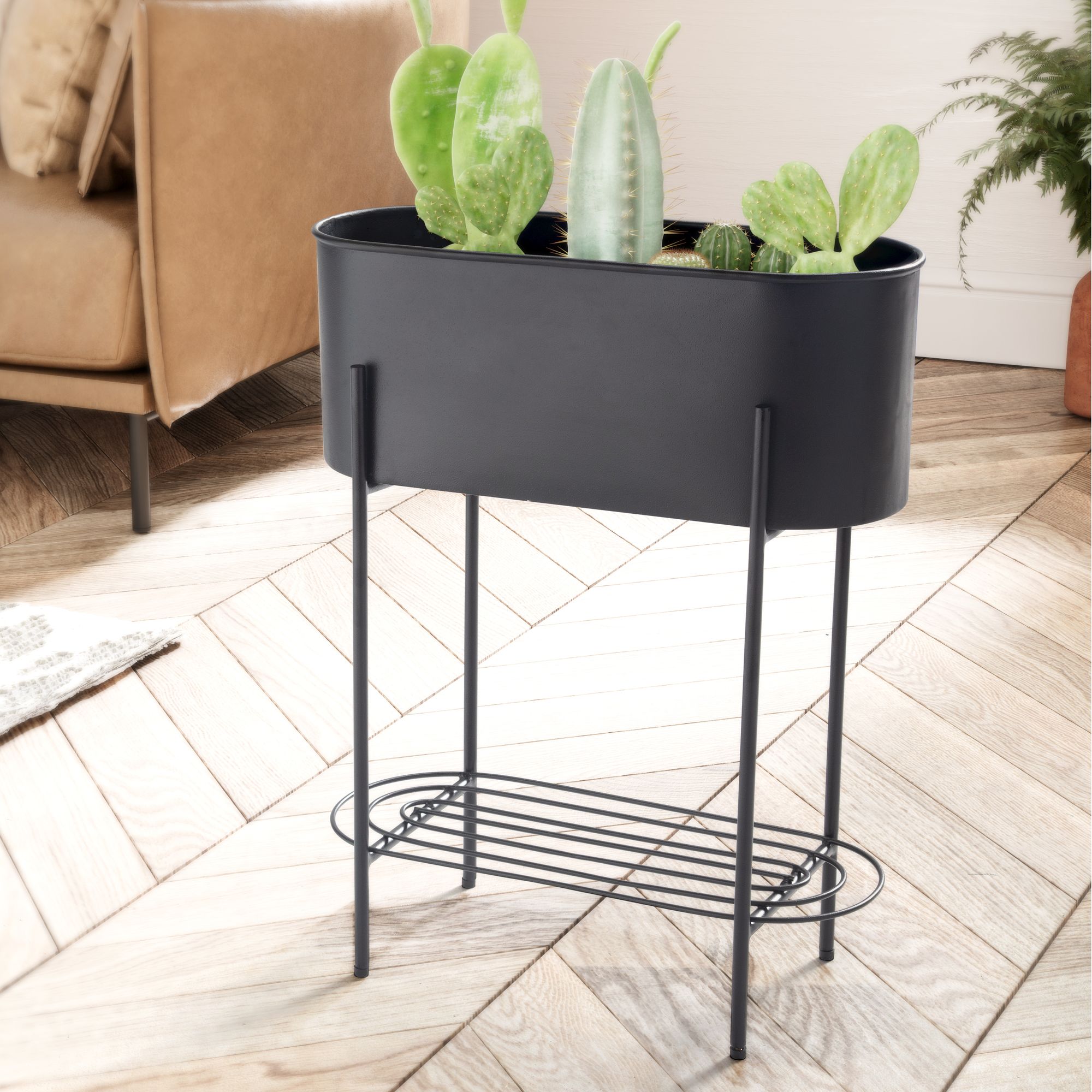 Pot de fleurs métallique noir avec support et étagère | Design rectangulaire | 51x65x22 cm Pot de fleurs métallique noir avec support et étagère | Design rectangulaire | 51x65x22 cm