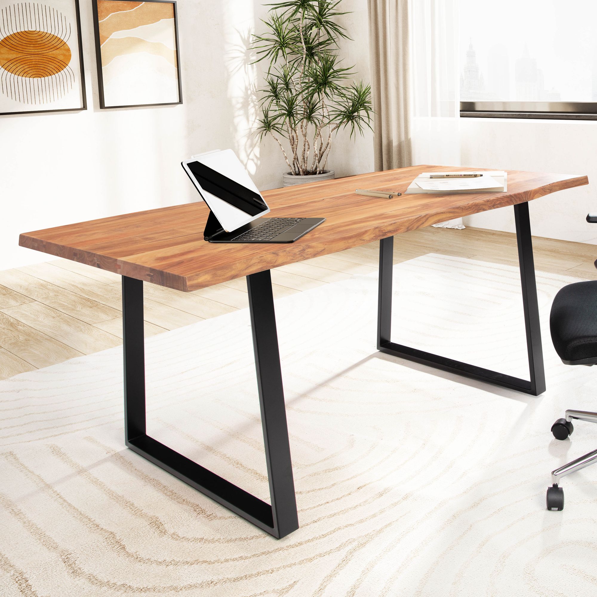 Bureau 140x80x76 cm | Acacia Massif | Plateau couleur brun doré | Pieds métal noir